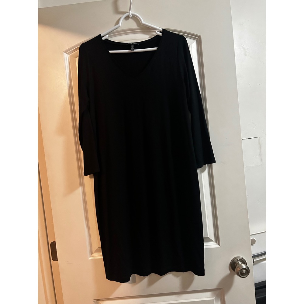 Eileen Fisher Womens Black V-Neck 3/4 Sleeve Jersey Shift Dress Size Medium